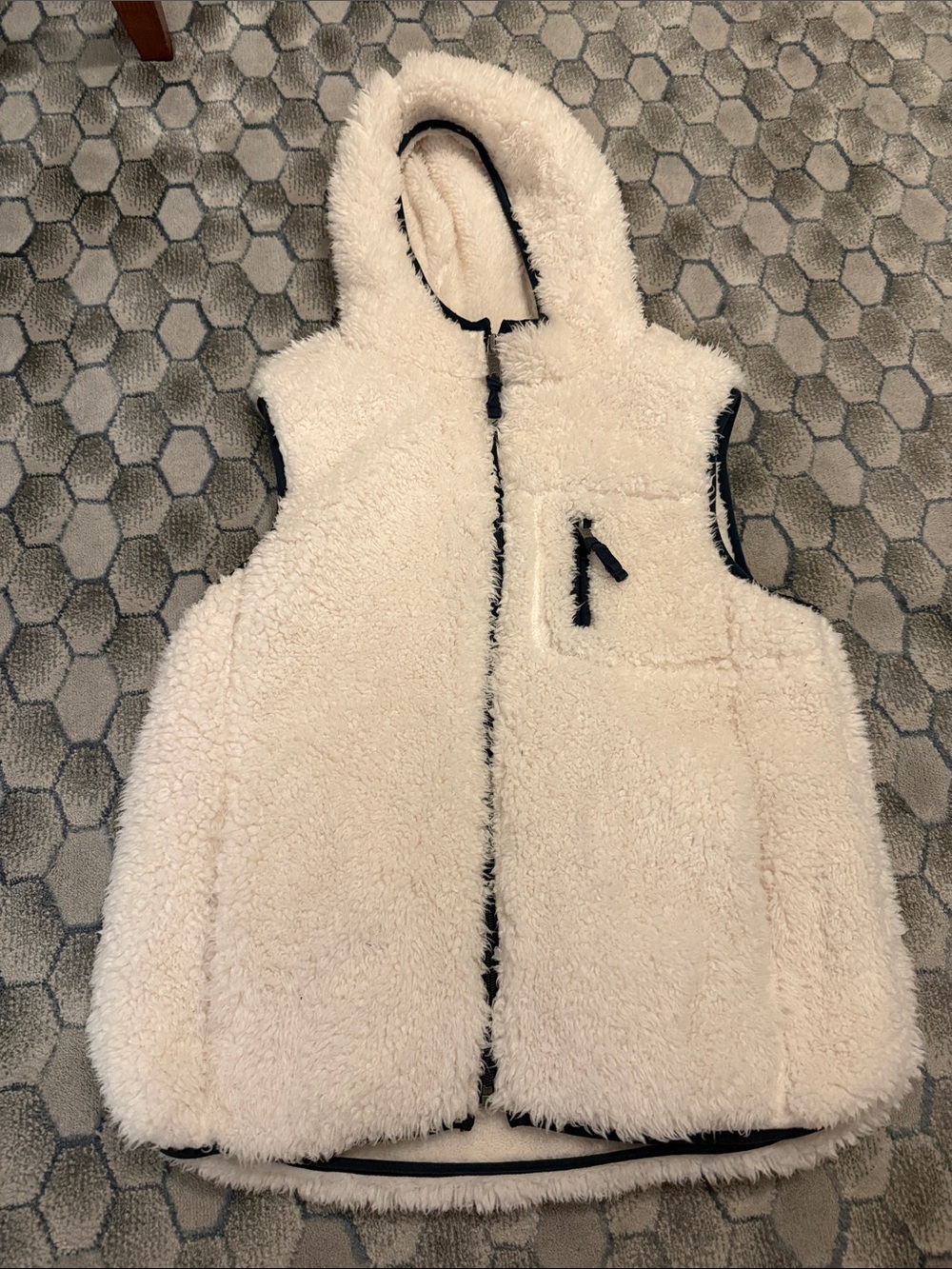 Weatherproof Cream Sherpa Hooded Vest with Black Trim